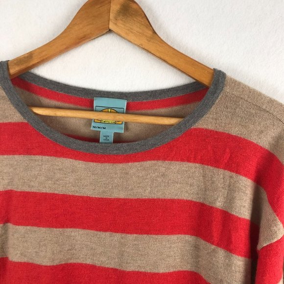 C&C California Women's Size Medium Tan Coral Grey Striped Wool Cashmere Sweater - Picture 3 of 6